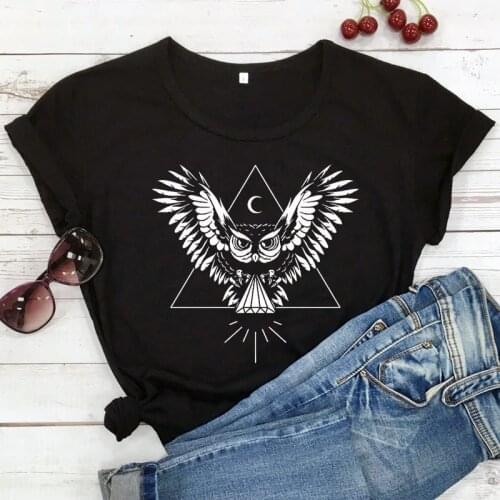 Aesthetic Owl Graphic Pure Cotton T-shirt Casual Women Tumblr Black Tees Tops Abstract Unisex Short Sleeve Hipster Grunge Tshirt