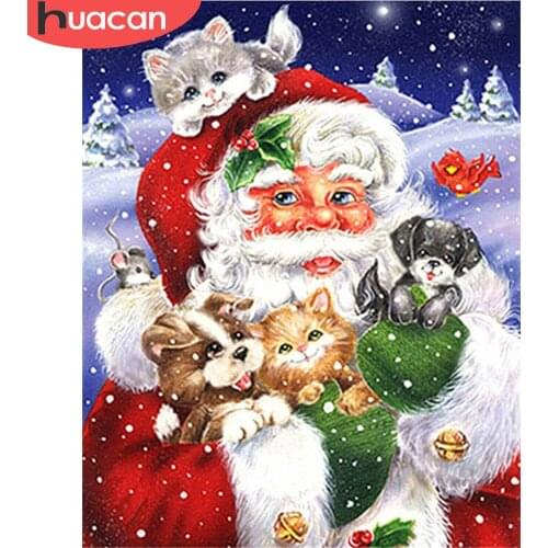 HUACAN DIY Diamond Painting Christmas Full Square Round Diamond Embroidery Santa Claus Mosaic Rhinestone Cat Decoration For Home