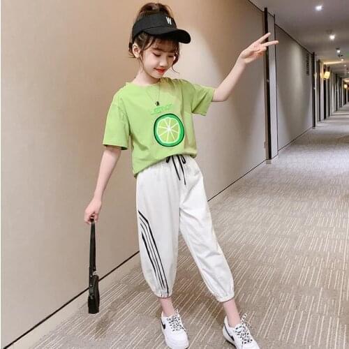 EACHIN Grils Set Summer Teen Girls Clothing Set for 3-12 Years Grils Set Wear Lemon Print T-shirt + Jogger Pants Sets Hip Hop