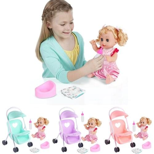 Baby Doll Stroller Set with 12 inch Doll Doll Stroller with Hood and Basket Pretend Play Toy Pram Gift for Toddlers and Kids