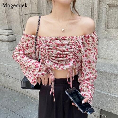 Summer New Slash Neck Print Floral Chiffon Shirt Women Off Shoulder Blouse Women Clothing Drawstring Long Sleeve Crop Top 13305
