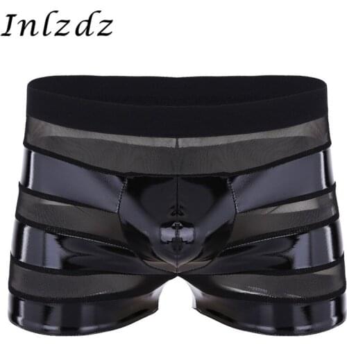 Mens Sissy Underwear Wetlook Leather Boxer Shorts Mesh Patchwork Stripe Low Rise Hot Sexy Exotic Underpant Male Lingerie Panties