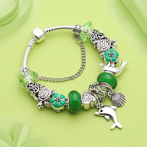 Green Charm Crystal Bracelet Tibetan Silver Dolhin Shell Bead Bracelets & Bangles for Men Holiday Beach Casual Bracelet Gift