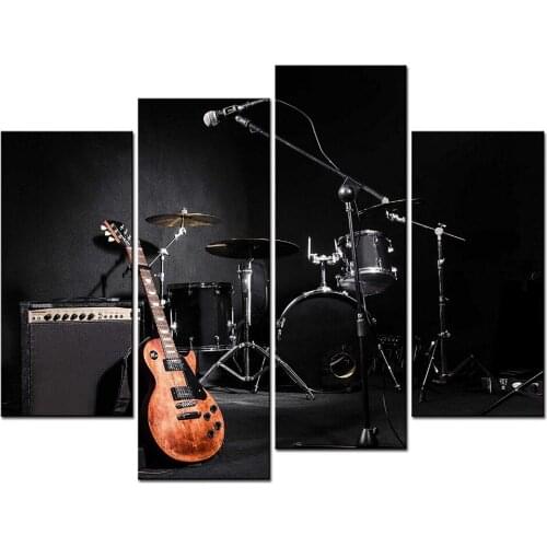 Music Artistic Paintings Wall Art The Music of The Band Guitar and Shelf Drum 4 Panel Picture For Home Decor Drop shipping