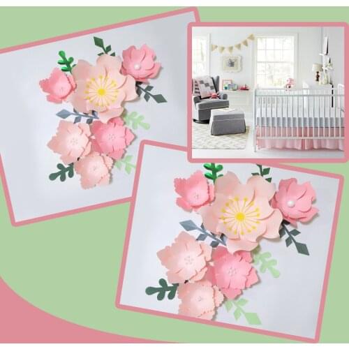 Handmade Pink Rose DIY Paper Flowers Green Leaves Set For Nursery Wall Deco Girls Room Baby Shower Backdrop Video Tutorials