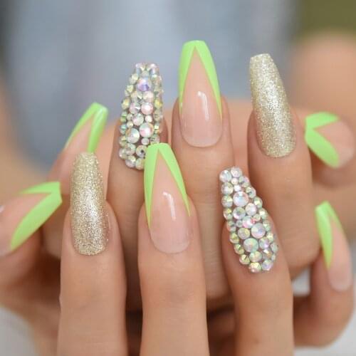 Holo Crystal Nude Pink Green French Press on False Nails Shiny Glitter Extra Long Ballerina Coffin Smile Line Fake Fingersnails