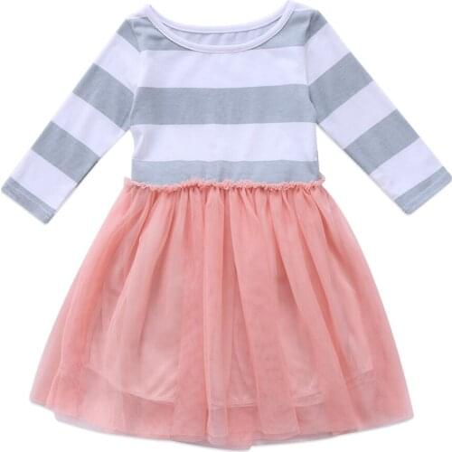 New 2020 Flower Girl Princess Dress Kids Baby Long Sleeves Patchwork Striped Party Wedding Pageant Formal Dress Cute Clothes