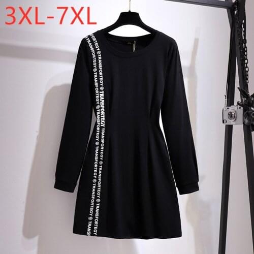 New 2021 Ladies Spring Autumn Plus Size Mini Dress For Women Large Long Sleeve Slim Cotton Print Black Dress 3XL 4XL 5XL 6XL 7XL