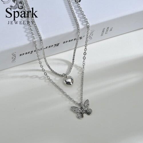 Spark Stainless Steel Heart Butterfly Pendant Necklace Women Girls Double-layer Cubic Zirconia Chain Necklaces Party Gift Bijoux