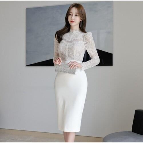 New arrival fashion party night club dress women OL temperament sexy perspective slim thin bag hip white fresh midi pencil dress