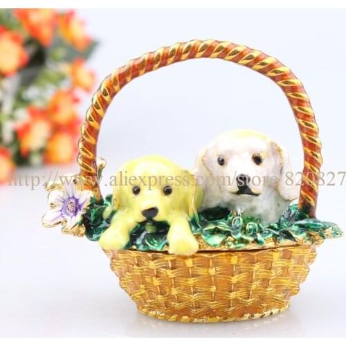 Mothers Day Gift Dogs Basket Design Jewelry Organizer Trinket Box Cute Dog in Basket Trinket Box Dog Shaped Metal Ring Holder