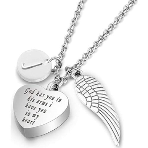 Free Engraved Stainless Steel Cremation Urn Jewelry with Letter Locket&Angel Wings Charm Pendant Memorial Ash Keepsake Necklace