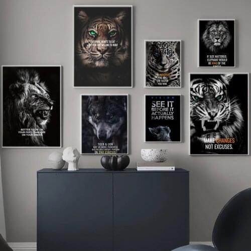 Nordic Lion Tiger Motivational Quote Art Canvas Painting on Posters and Prints Decorative Wall Art Picture for Office Home Decor