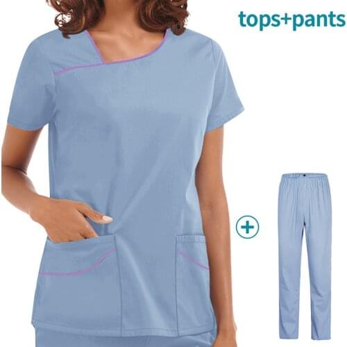 Pet Grooming Nursing Scrubs Set Spa Uniforms Unisex Short Sleeve Work Clothes Set Medical Suits Clothes Scrubs Tops and Pants
