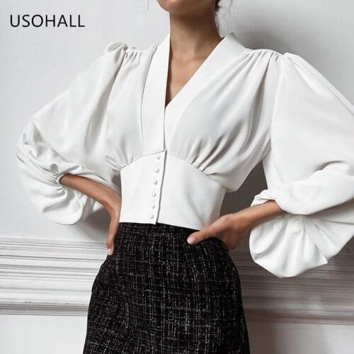 USOHALL Summer New Women Shirt V-Neck Slim Lantern Sleeve Blouse Pullover