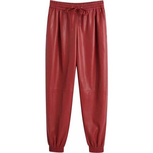 Aonibeier Women 2021 Fashion Faux Leather Jogging Pants Vintage High Elastic Waist Drawstring Female Ankle Trousers Mujer OL