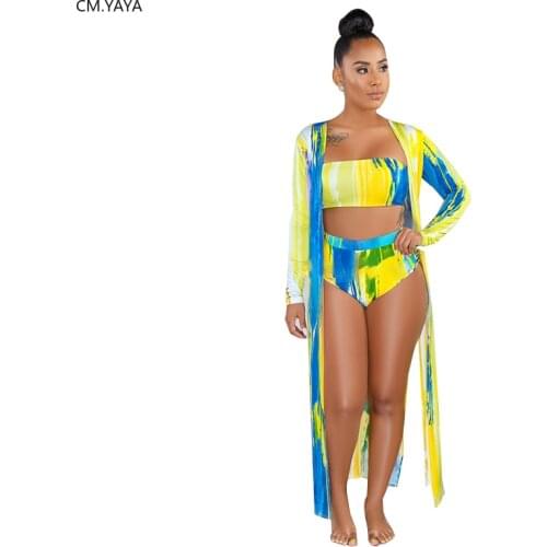 2020 Women Summer Bikini Set Sexy Beach Bohe Print Long Sleeve Cloak +Top+ Panty Three Piece Sets Swimsuit Bikini Set GL8338