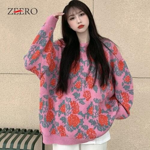 Korean Winter Clothes Women Rose Print Midi Sweaters Female Vintage Loose O-Neck Raglan Sleeves Knitting Tops Pink Mini Dresses