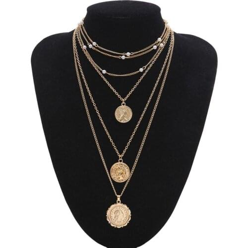 Lacteo Vintage Carved Coin Virgin Mary Statue Pendant Necklace For Women Fashion Trendy Metal Pearls Asymmetry Chain Necklace