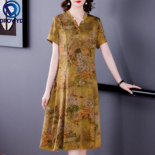 2021 Summer New Fashion Print V-neck Short Sleeve Cheongsam Womens Dresses High Quality Fashion Elegant Runway Party Vestidos