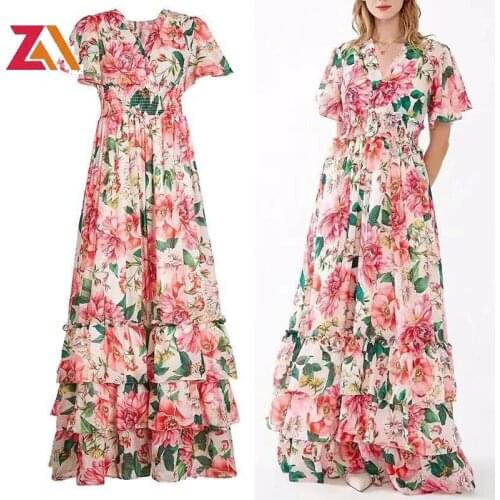 ZALady plus size 2XL summer maxi dresses women runway v-neck High elastic waist ruffles fairycone floral long party evening robe