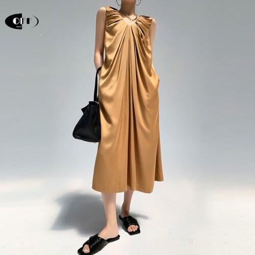 Korean hic vintage ruched midi dresses for women v-neck sleeveless loose summer fashion solid beach long dress vesidos female ZA