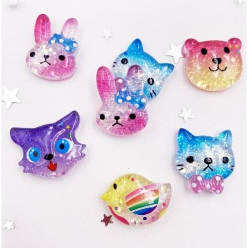 10PCS Resin Colorful Glitter Candy Color Cat Rabbit Bird Bear Flatback Stone Crystal Scrapbook Ornaments DIY Craft Supplies SH09
