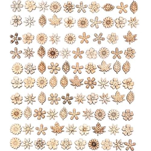 100pcs Mix Wooden Pieces Creative Flower Leaves Polished Cutouts Slice For DIY Wooden Art Home Decoration