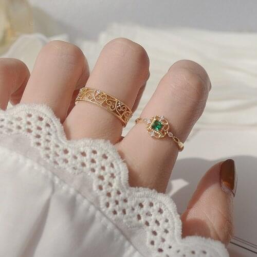 14K Real Gold Plated Heart Pattern Lace Ring for Women Crystal Green Gem Bling Zircon Female Ring Wedding Bridal Jewelry