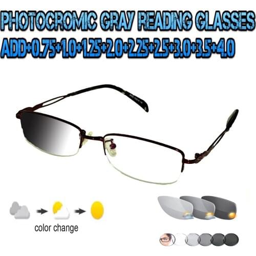 Photochromic Gray Reading Glassesrectangular Metal Frame Ultralight Trend High Quality Fashion Ladies Women+0.75To+4.0