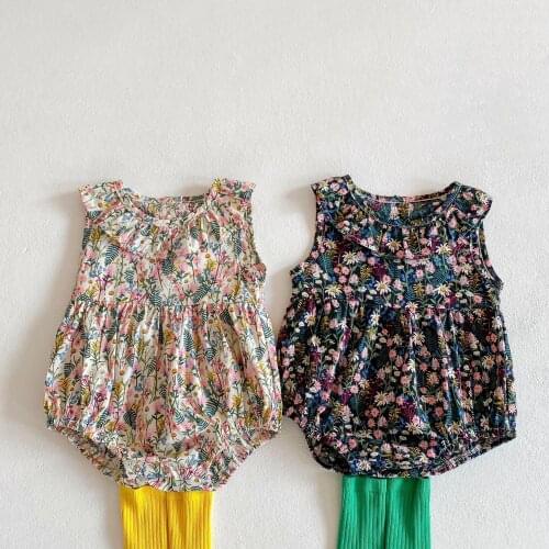 Ins 2021 Summer New Baby Girl Floral Sleeve Less Lapel Jumpsuit for 0-1Y Newborn