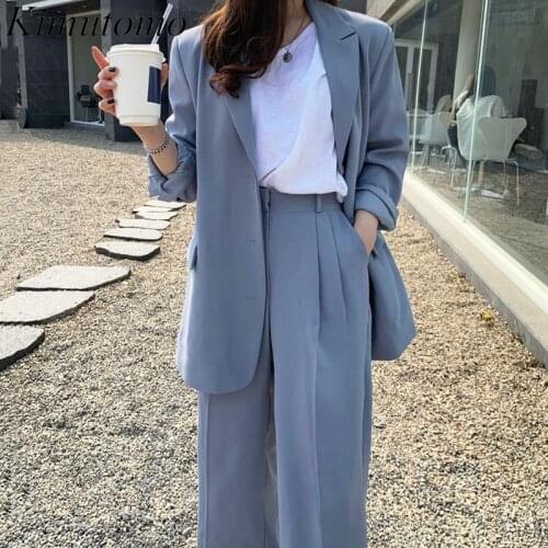 Kimutomo Korea Early Autumn Sets High Street Retro Haze Blue Three-Button Blazer High-Waist Straight Mopping Trousers Two-Piece
