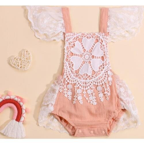 Princess Cute Newborn Baby Girls Lace Floral Romper Baby Girls Flower Pattern Fly Sleeve Square Collar Backless Summer Jumpsuit