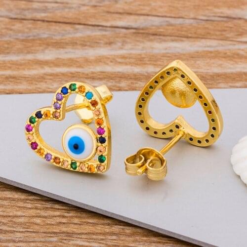 Fashion Modern Heart Evil Eye Copper Rainbow CZ Stud Earrings Gold Color Earrings Charms Women Jewelry Gift For Female Girls