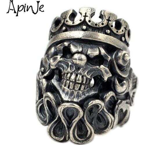 Apinje Thai Silver Skull Ring 925 Sterling Silver Men Rings Big Exaggerated Skeleton Heavy Punk Gothic Fashion Jewelry
