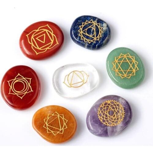 Set of 7 Pieces Ultrathin Natural Chakra Stones Engraved Chakra Symbols Healing Crystal Round Palm Stone with a Free Pouch