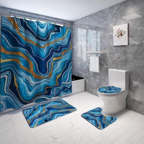 Microfiber Bathroom Carpet Set Abstract Blue Bath Mat and Shower Curtain Set Anti-Slip Toilet Seat Cover Mat Shower Floor Rug