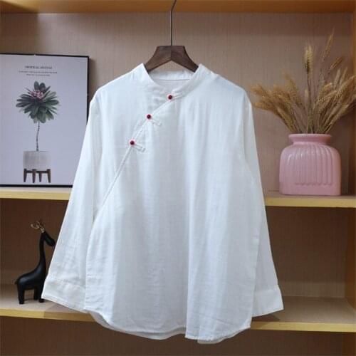 New Spring Women Blouse Chinese Style Stand Collar Literary vintage Long Sleeve White Shirt Women