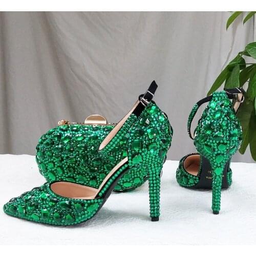 2021 New Fashion Green Bridal Wedding Shoes Women‘s Party Dress Shoes And Bag Ladies Pointed Toe High Thin heels Sandals