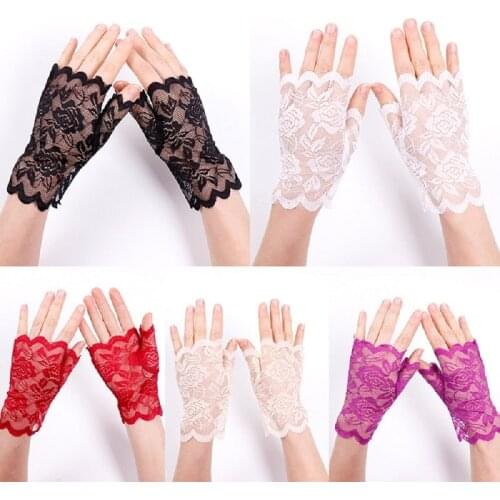 Women Spring Summer Sun Protection Fingerless Gloves Outdoor Driving Thin UV-Proof Sunscreen Lady Sexy Mesh Floral Lace Gloves