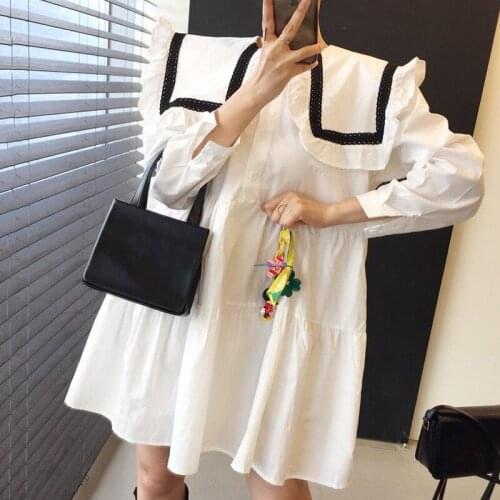 Neploe Hit Color Patchwork Loose Dress Women High Waist Hip A Line Knee Length Vestidos Turn Down Collar Long Sleeve Robe Spring
