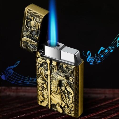 Embossed Guan Gong Good Voice In Open Straight Into The Lighter Windproof Blue Flame Steel Tone Personality Creative Lighter