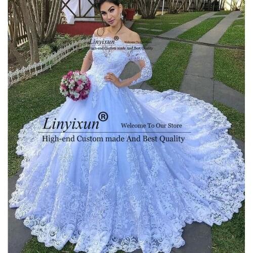 Luxury Boat Neck Full Sleeve Wedding Dresses Chapel Train Floor-Length Lace Appliques Bridal Gown Ball Gown Vestidos De Noiva