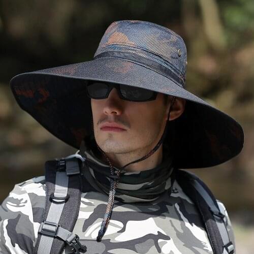 New Fashion Mens Summer Hat Outdoor Sun Screen Camouflage Hiking Hats Cycling Fishing Cap Big Brim Fisherman hat UV Protection