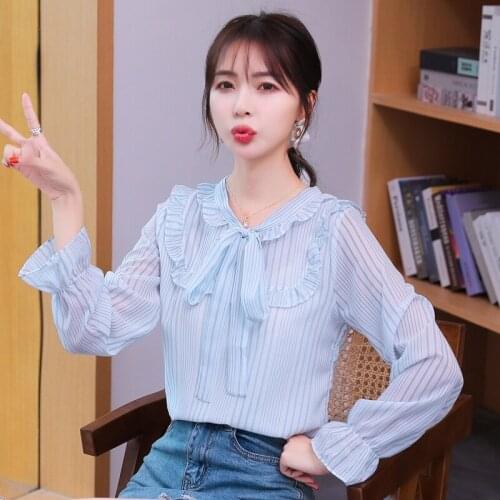 #8314 Light Blue Vertical Striped Chiffon Blouse Long Sleeve Casual Women Tops And Blouses Bow Collar Slim Thin Blouse Femme