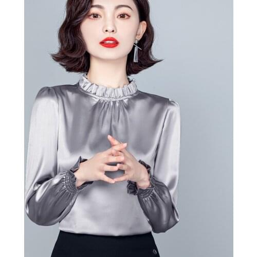 TingYiLi Ruffle Collar Front Pleated Satin Blouse Women Spring Basic Long Sleeve Tops Elegant Ladies Silver Gray Khaki Blouse