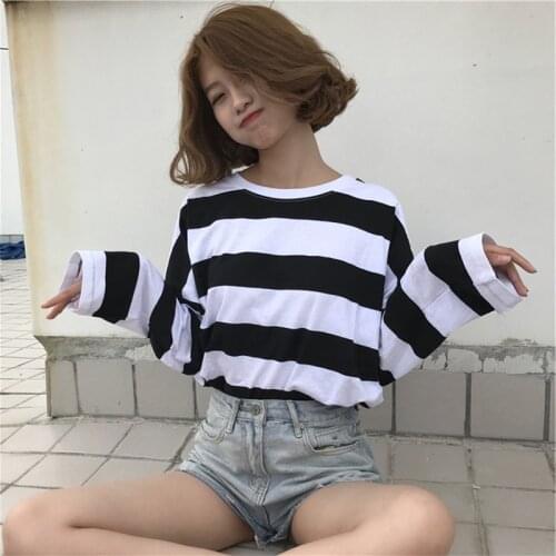 Korean Loose Stripe T Shirt Harajuku Women Long Sleeve T-shirts Autumn Ulzzang Kawaii Basic Tee Casual Tops Y2k Aesthetic