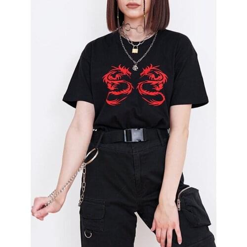 Chinese dragon print Harajuku vintage Summer Tops chic ins Loose casual women Cotton hip hop Punk Goth Women Streetwear T-Shirt