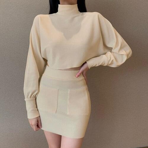 NORMOV Sweet Women Knitted Sets Solid Turtleneck Longsleeve Tops Push Up Skirts 2 Piece of Sets Pocket Winter Warm Sets Female