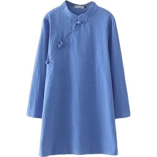 Spring Dress Women Clothes Plus Size 2021 Casual Long Sleeve Chinese Style Buttons Cotton Line Split Vetement Femme XL/4XL